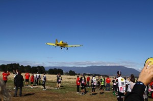 A crop duster flying over our location at morning tea.