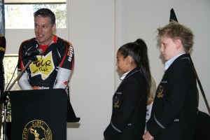 TDC member Dennis Gentilin alongside Carey school captains Leah Abicair & Thomas Holmes.